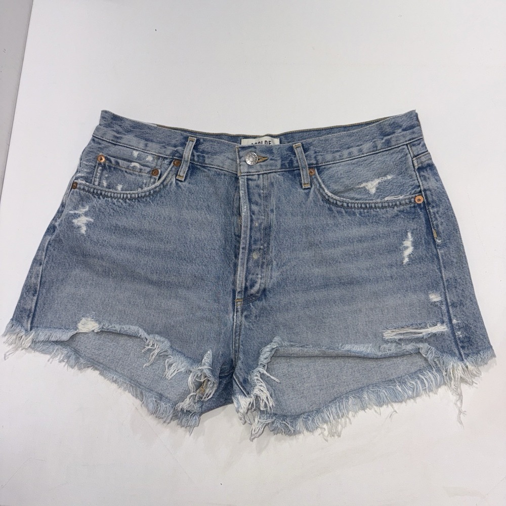 Agolde Parker Festival Concert Distress Cutoff Button Fly Light Denim Shorts 30